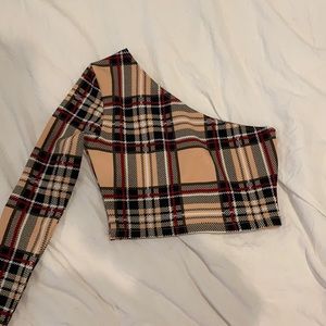 One shoulder plaid long sleeve